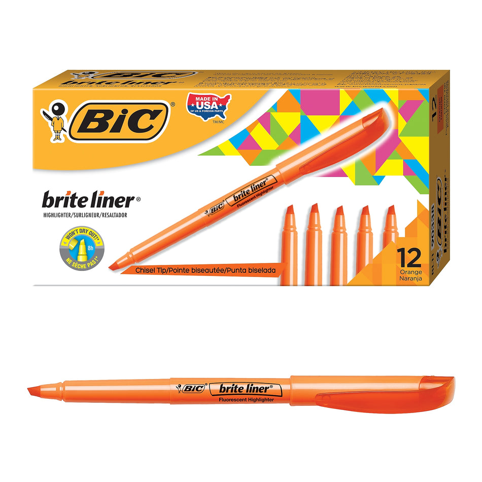 BIC Brite Liner Stick Highlighter, Chisel Tip, Orange, Dozen