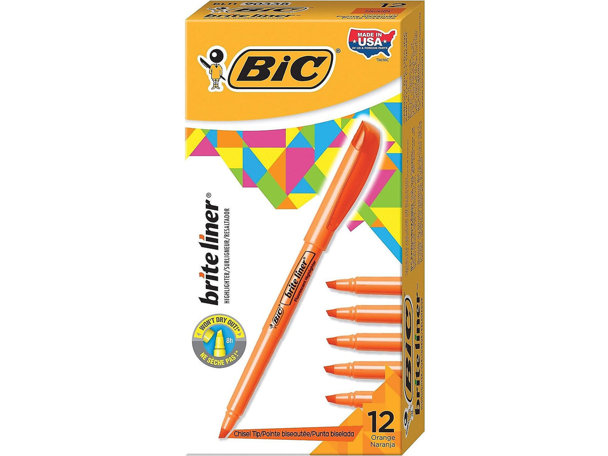 BIC Brite Liner Stick Highlighter, Chisel Tip, Orange, Dozen