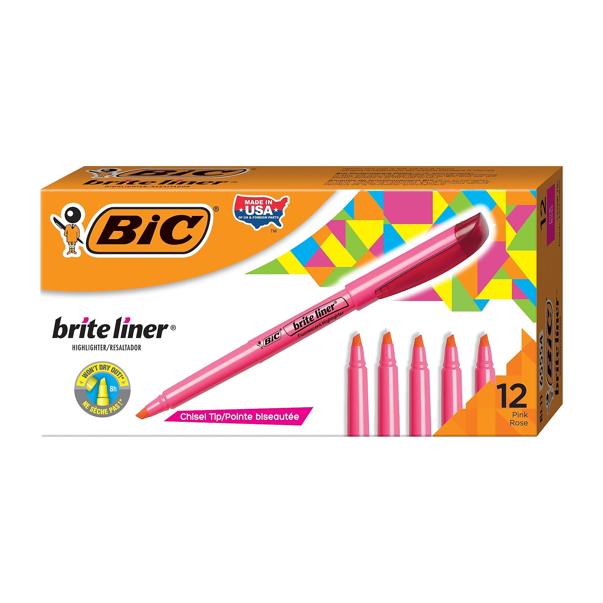 BIC Brite Liner Stick Highlighter, Chisel Tip, Pink, Dozen