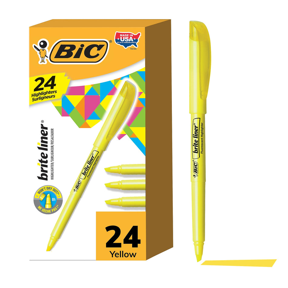 BIC Brite Liner Stick Highlighter, Chisel Tip, Yellow, 24/Pack