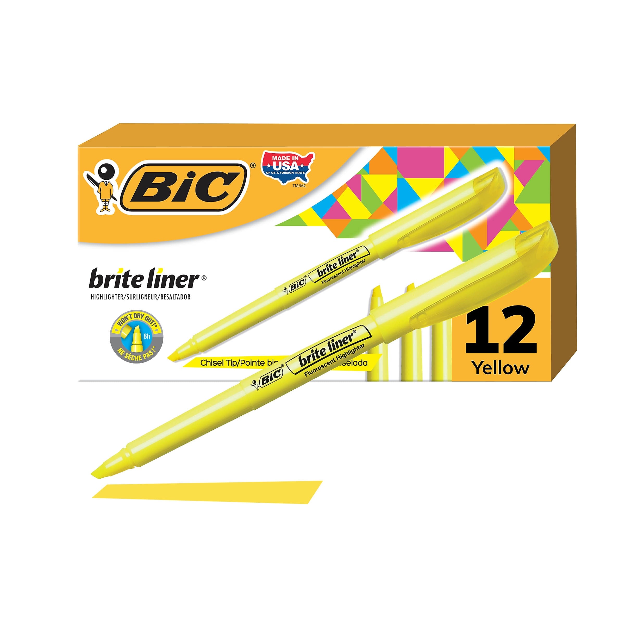 BIC Brite Liner Stick Highlighter, Chisel Tip, Yellow, Dozen