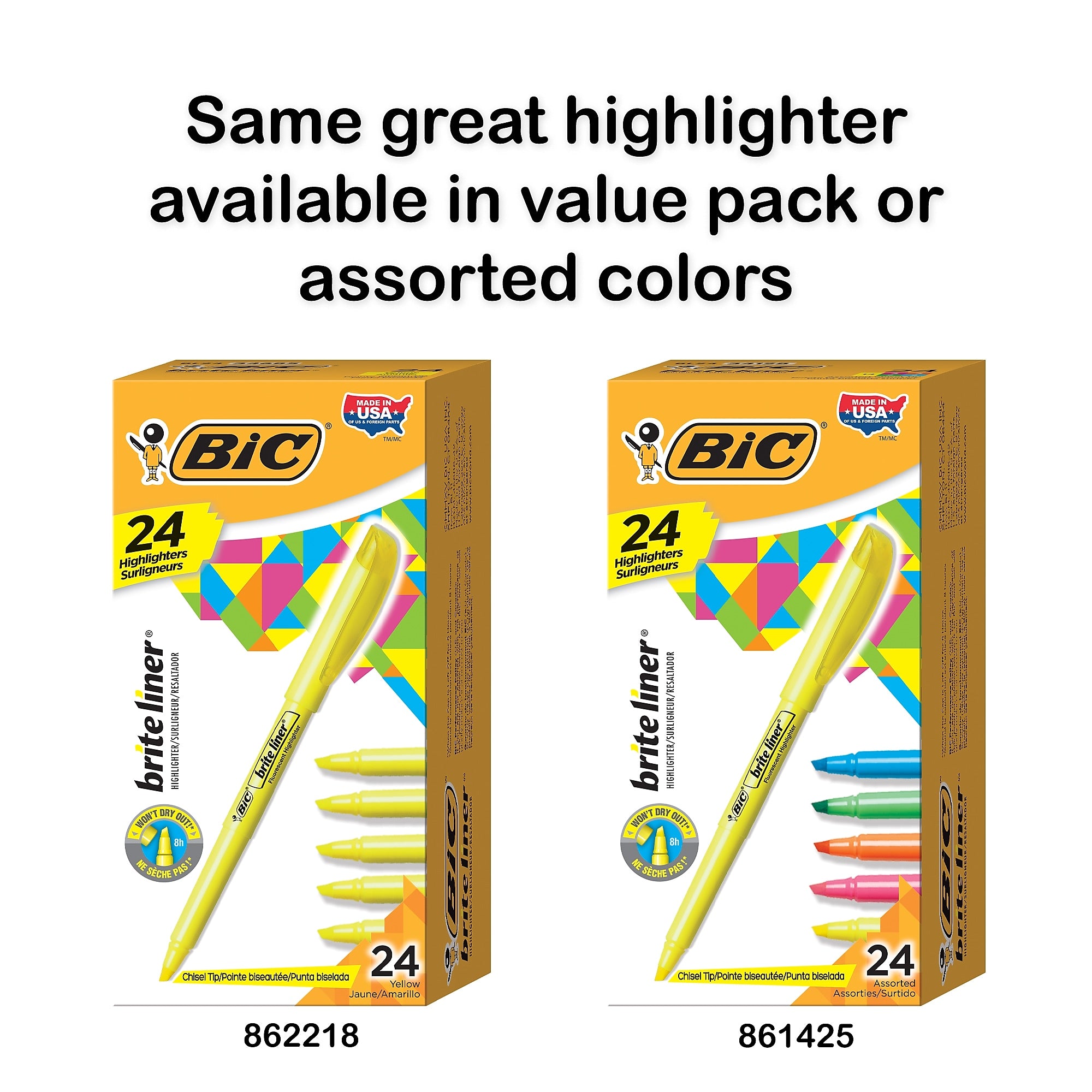 BIC Brite Liner Stick Highlighter, Chisel Tip, Yellow, Dozen