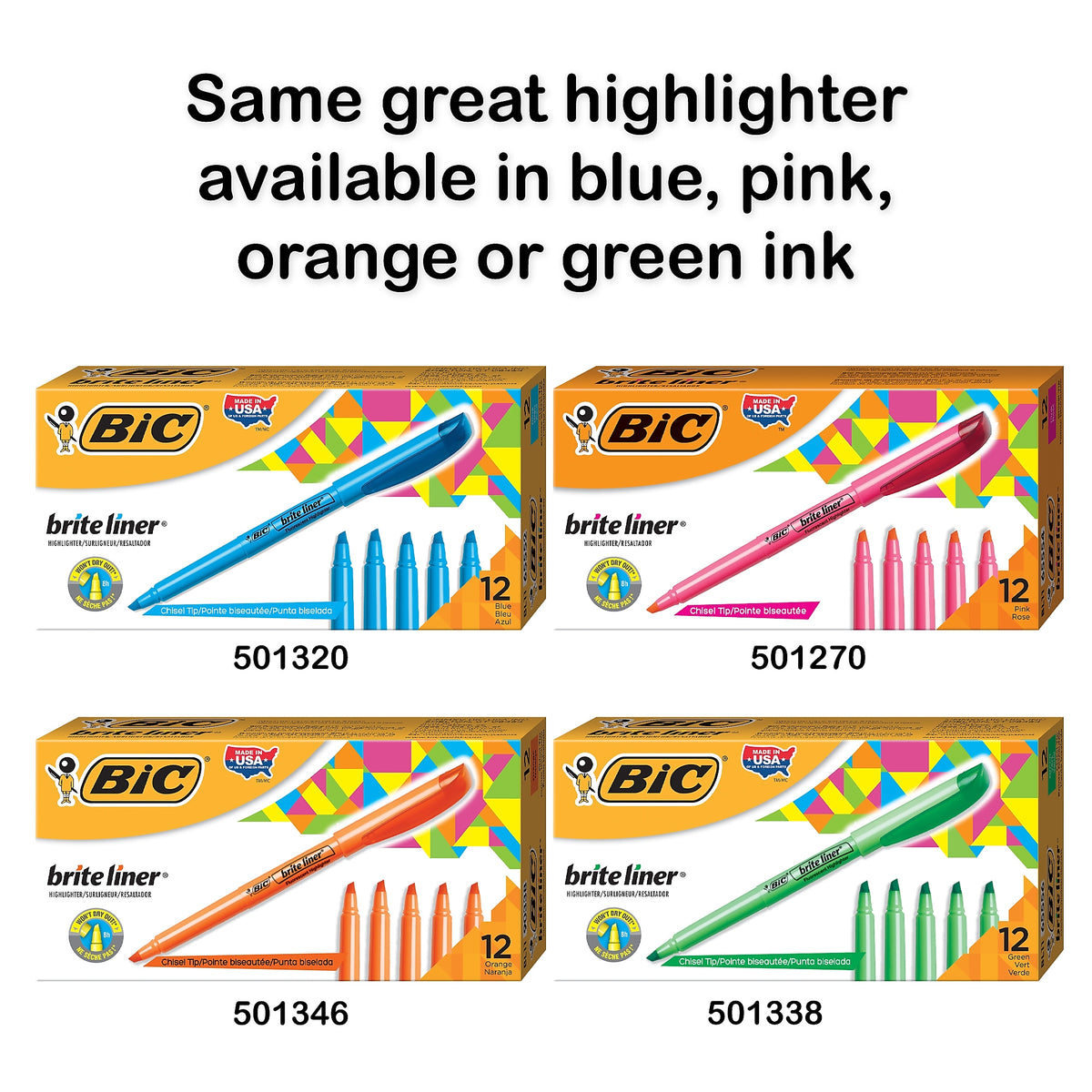 BIC Brite Liner Stick Highlighter, Chisel Tip, Yellow, Dozen