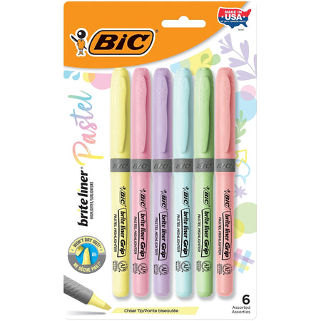 BIC Brite Liner Stick Highlighter with Grip, Chisel Tip, Assorted Pastel Colors, 6/Pack