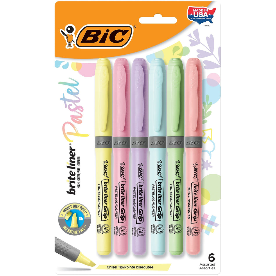 BIC Brite Liner Stick Highlighter with Grip, Chisel Tip, Assorted Pastel Colors, 6/Pack