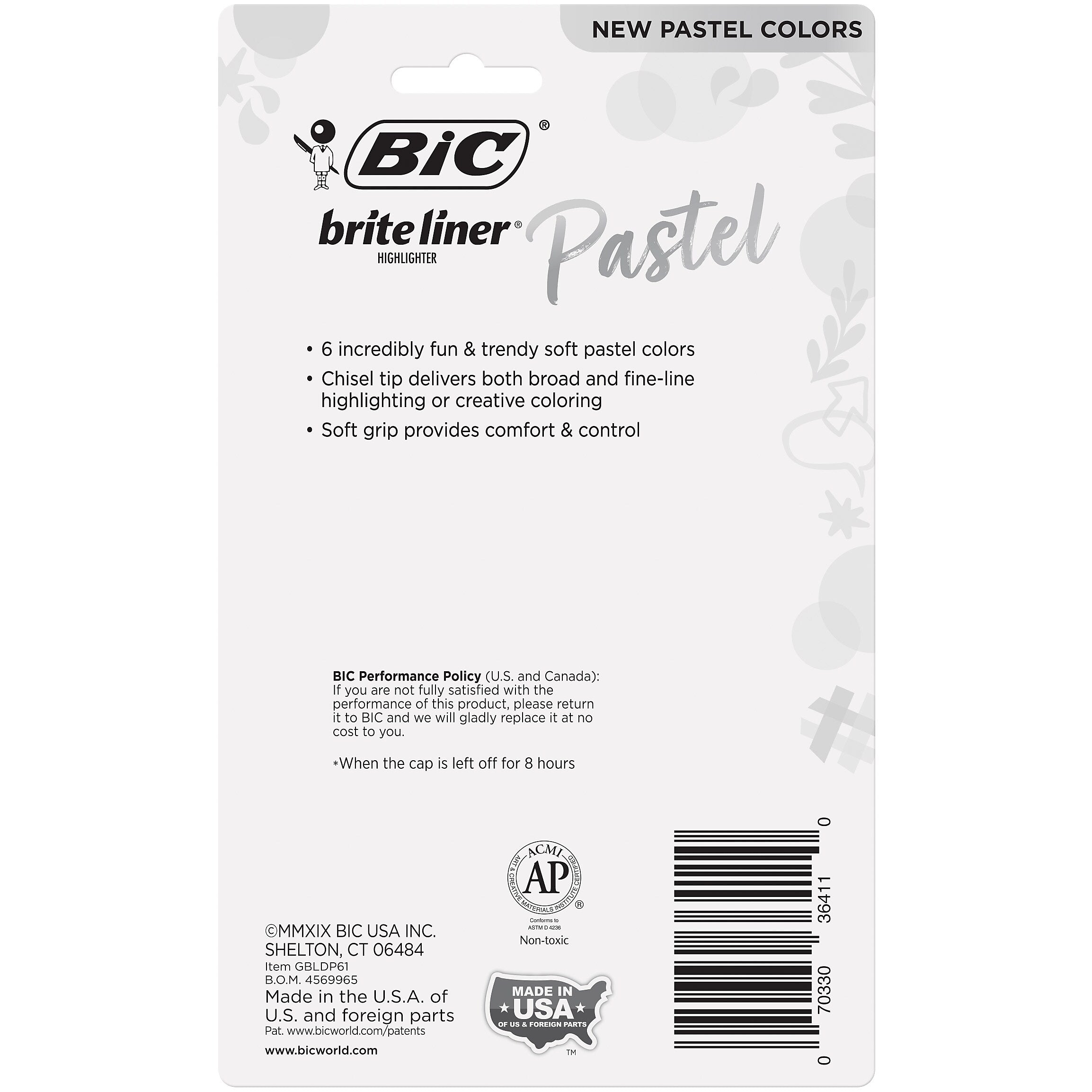 BIC Brite Liner Stick Highlighter with Grip, Chisel Tip, Assorted Pastel Colors, 6/Pack
