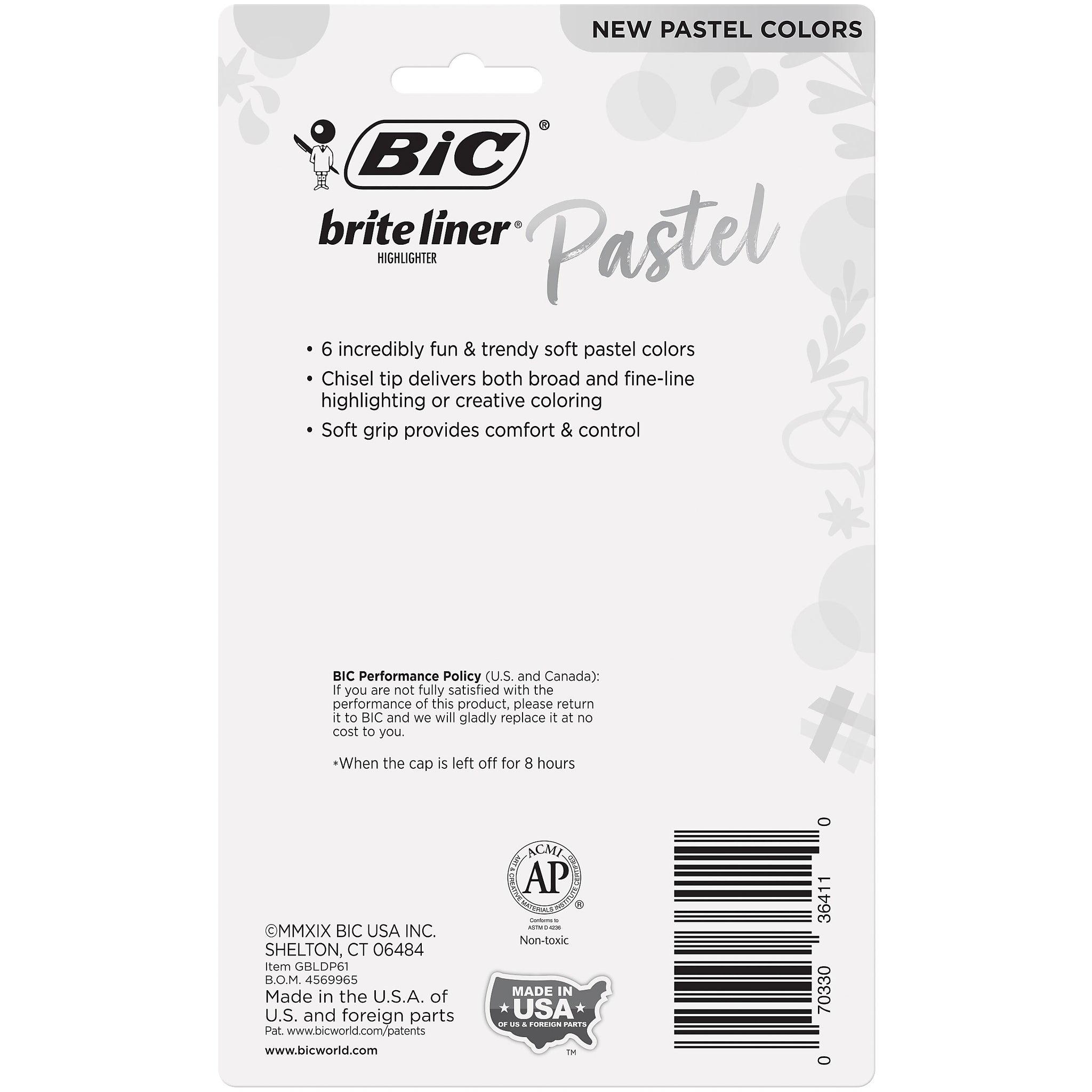 BIC Brite Liner Stick Highlighter with Grip, Chisel Tip, Assorted Pastel Colors, 6/Pack