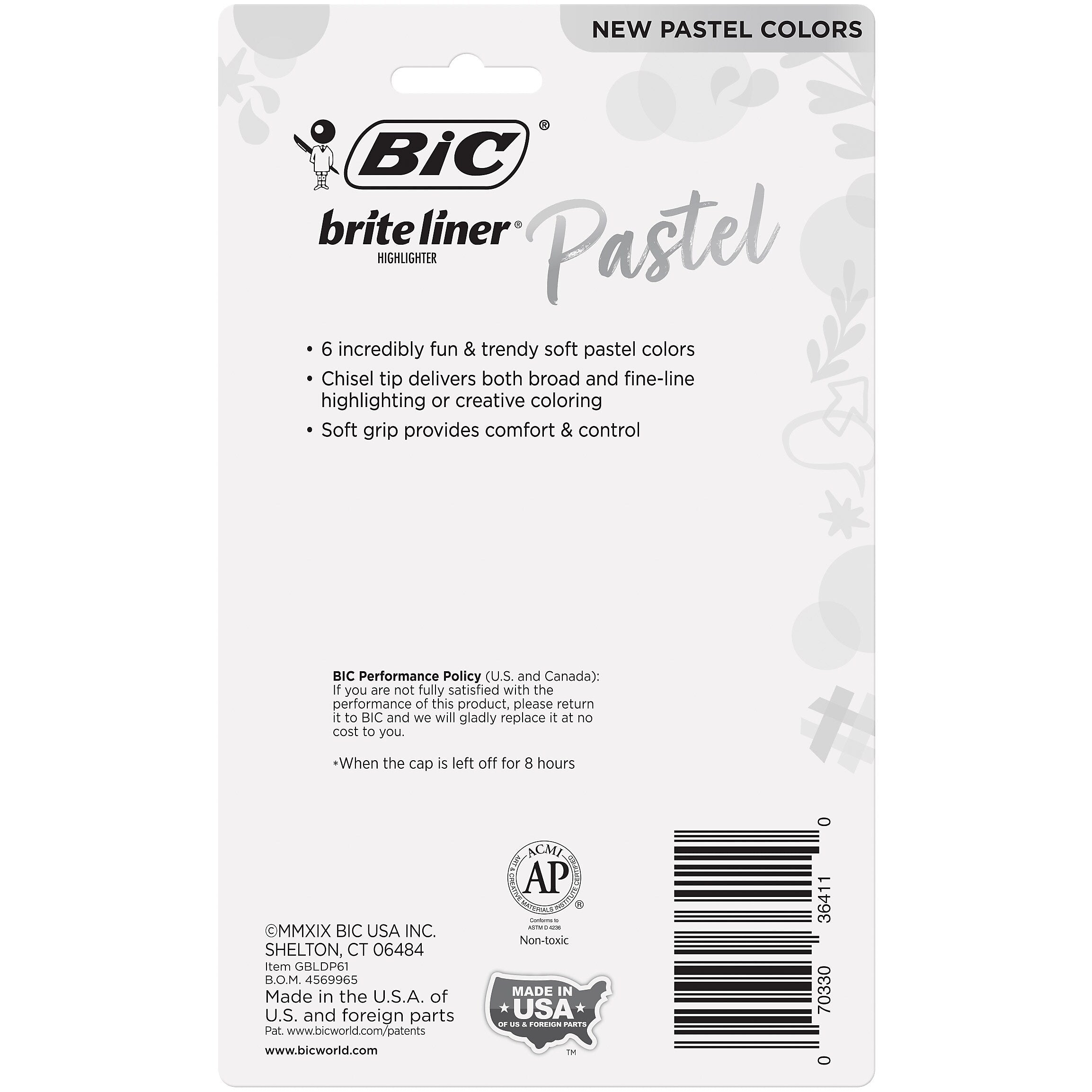 BIC Brite Liner Stick Highlighter with Grip, Chisel Tip, Assorted Pastel Colors, 6/Pack