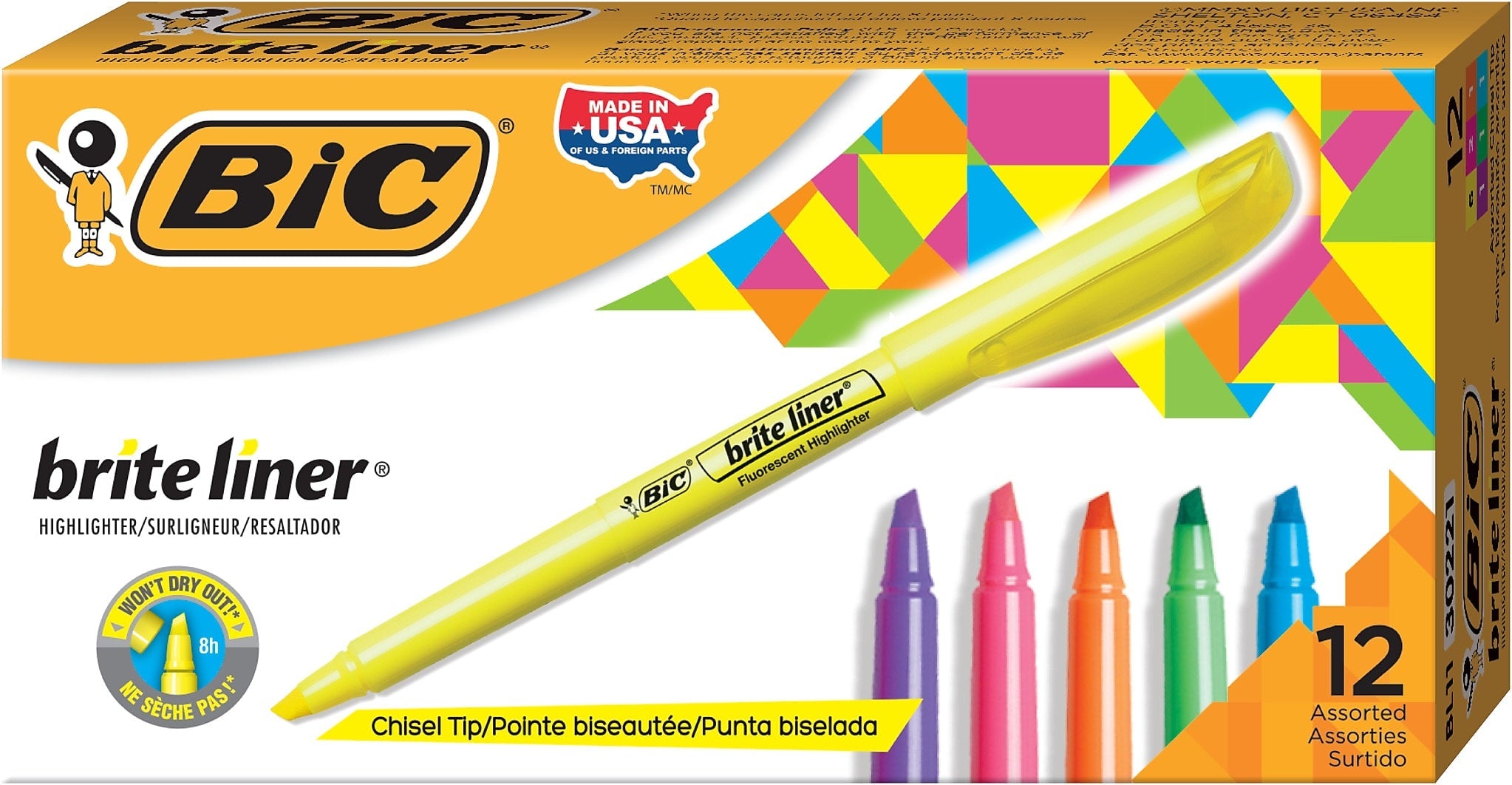 BIC Brite Liner Stick Highlighters, Chisel, Assorted, 12/Pack