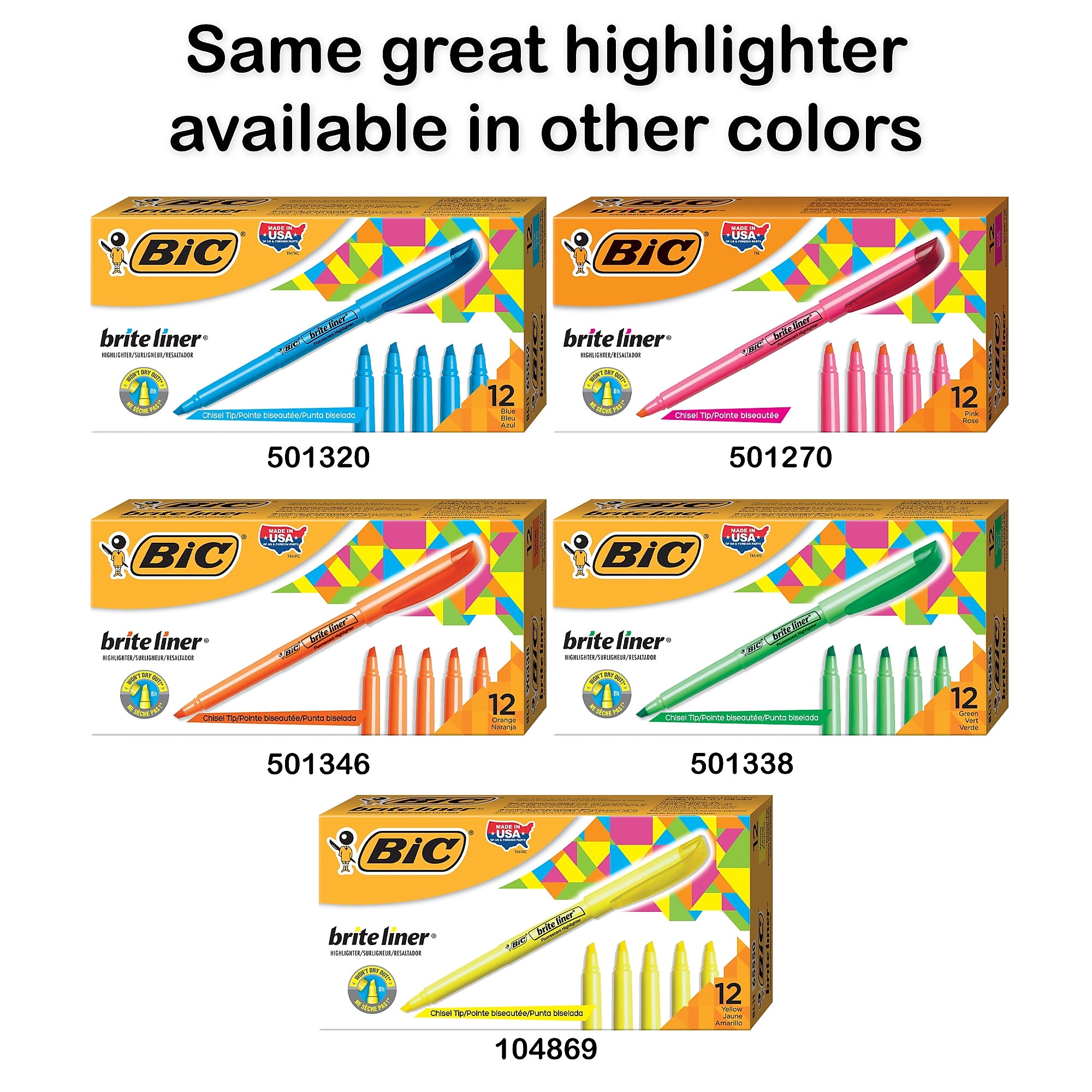 BIC Brite Liner Stick Highlighters, Chisel, Assorted, 12/Pack