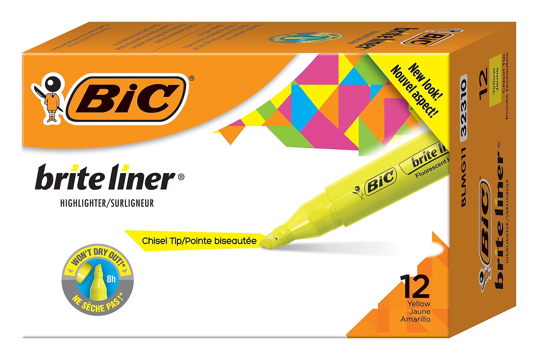 BIC Brite Liner Stick Highlighters with Grip, Chisel Tip, Yellow, Dozen