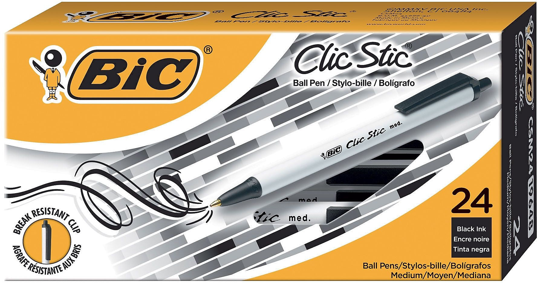 BIC Clic Stic Retractable Ballpoint Pen, Medium Point, 1.0mm, Black Ink, 24/Pack