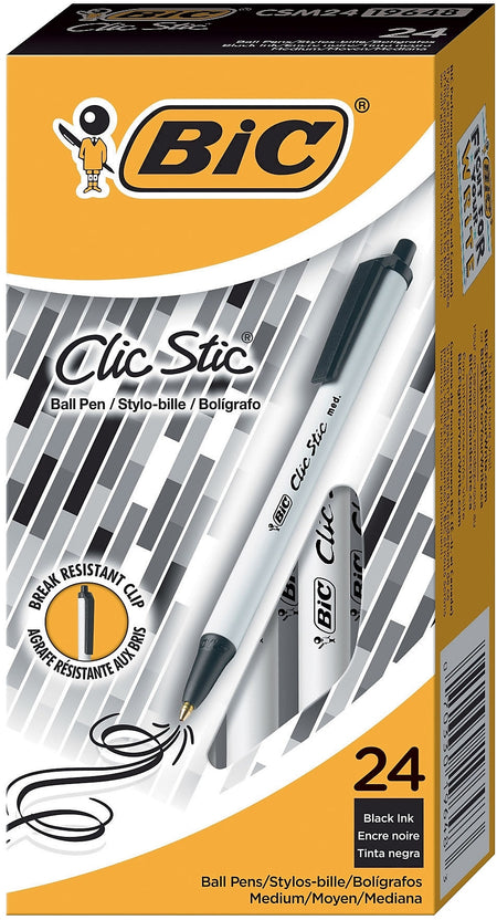 BIC Clic Stic Retractable Ballpoint Pen, Medium Point, 1.0mm, Black Ink, 24/Pack