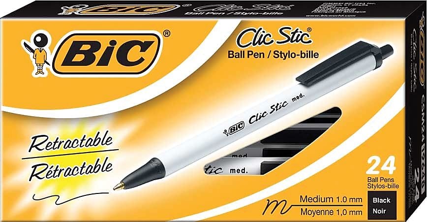 BIC Clic Stic Retractable Ballpoint Pen, Medium Point, 1.0mm, Black Ink, 24/Pack