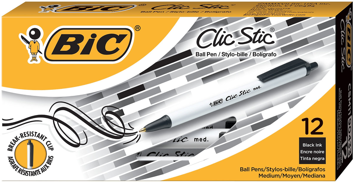 BIC Clic Stic Retractable Ballpoint Pens, Medium Point, Black Ink, Dozen