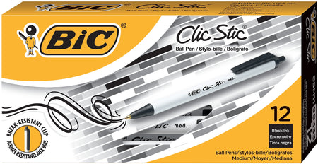 BIC Clic Stic Retractable Ballpoint Pens, Medium Point, Black Ink, Dozen