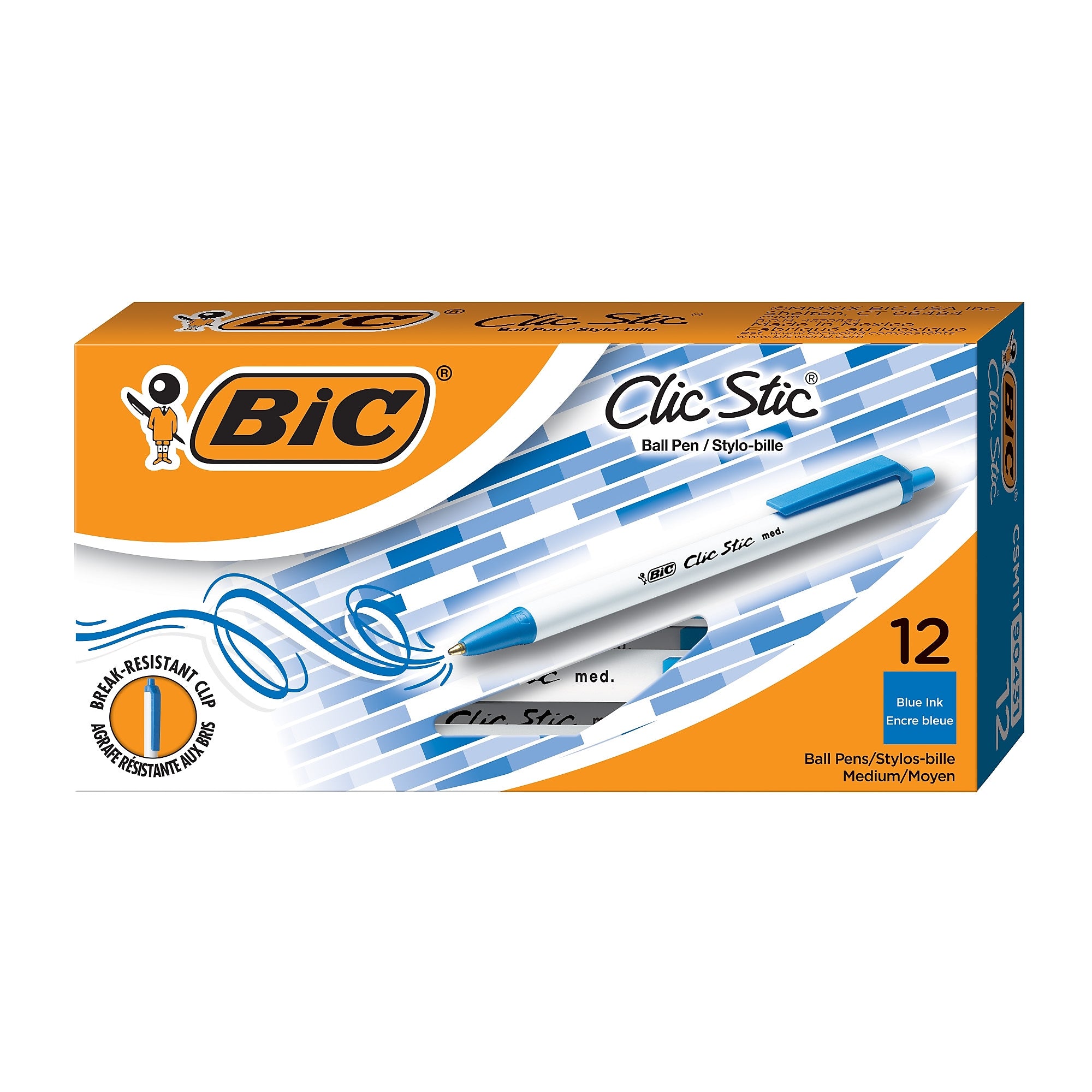 BIC Clic Stic Retractable Ballpoint Pens, Medium Point, Blue Ink, Dozen