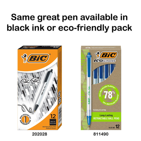 BIC Clic Stic Retractable Ballpoint Pens, Medium Point, Blue Ink, Dozen