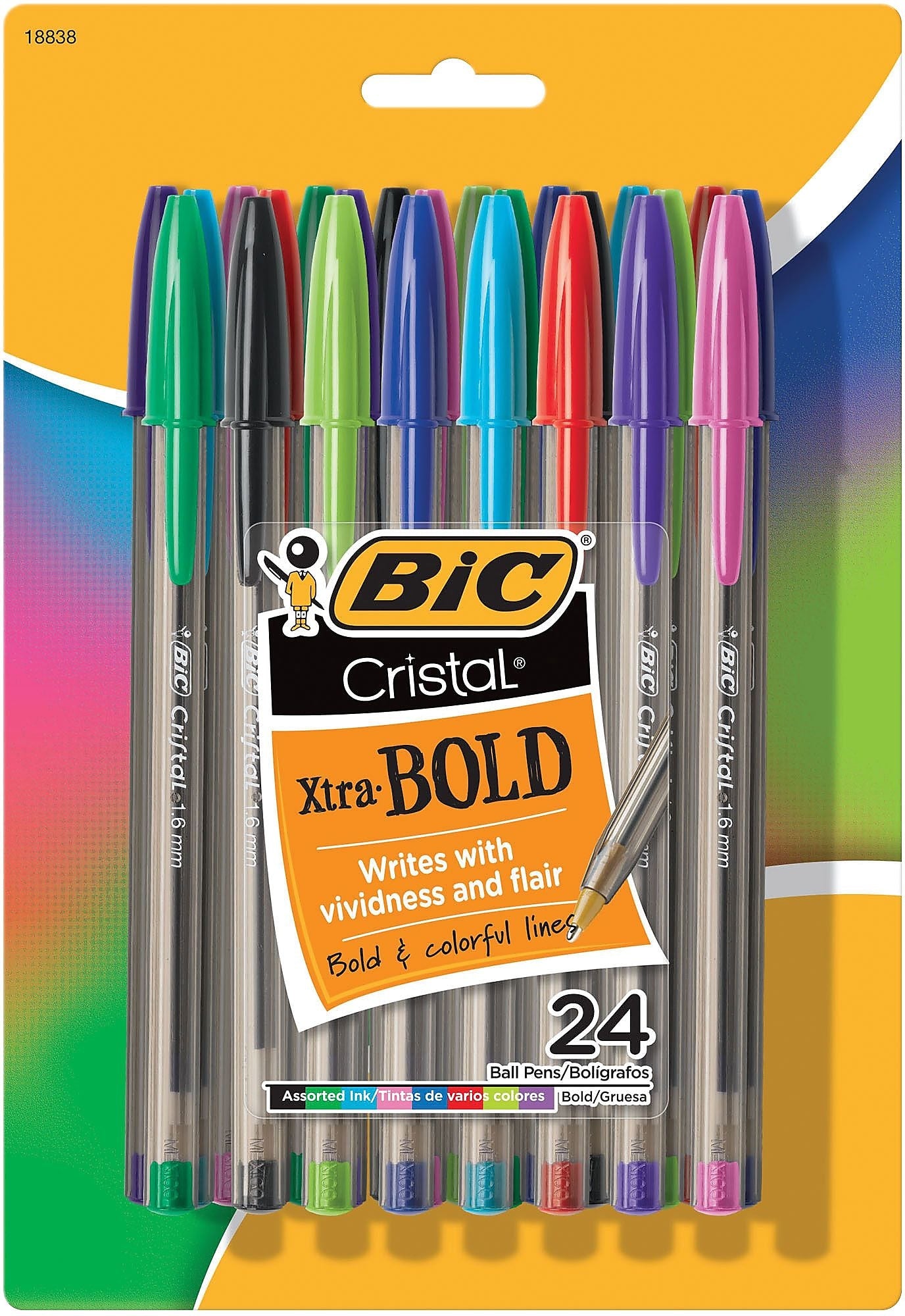 BIC Cristal Ballpoint Stick Pens, Bold Point, Assorted Ink, 24/Pack