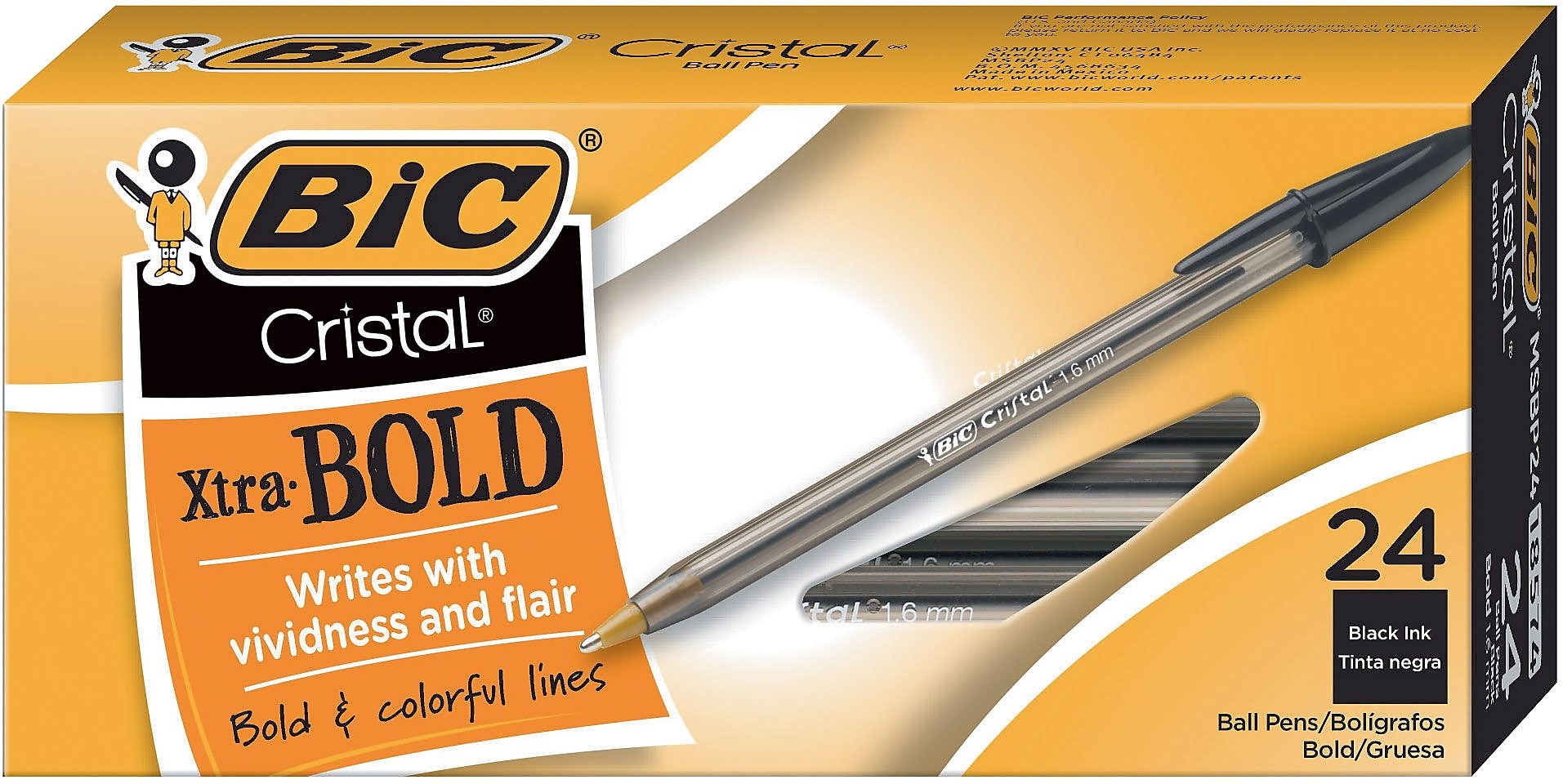 BIC Cristal Ballpoint Stick Pens, Bold Point, Black Ink, 24/Box