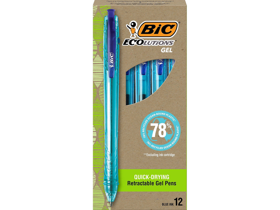 BIC ECOlutions Retractable Gel Pen, Medium Point, 1.0 mm, Blue Ink, 12/Pack