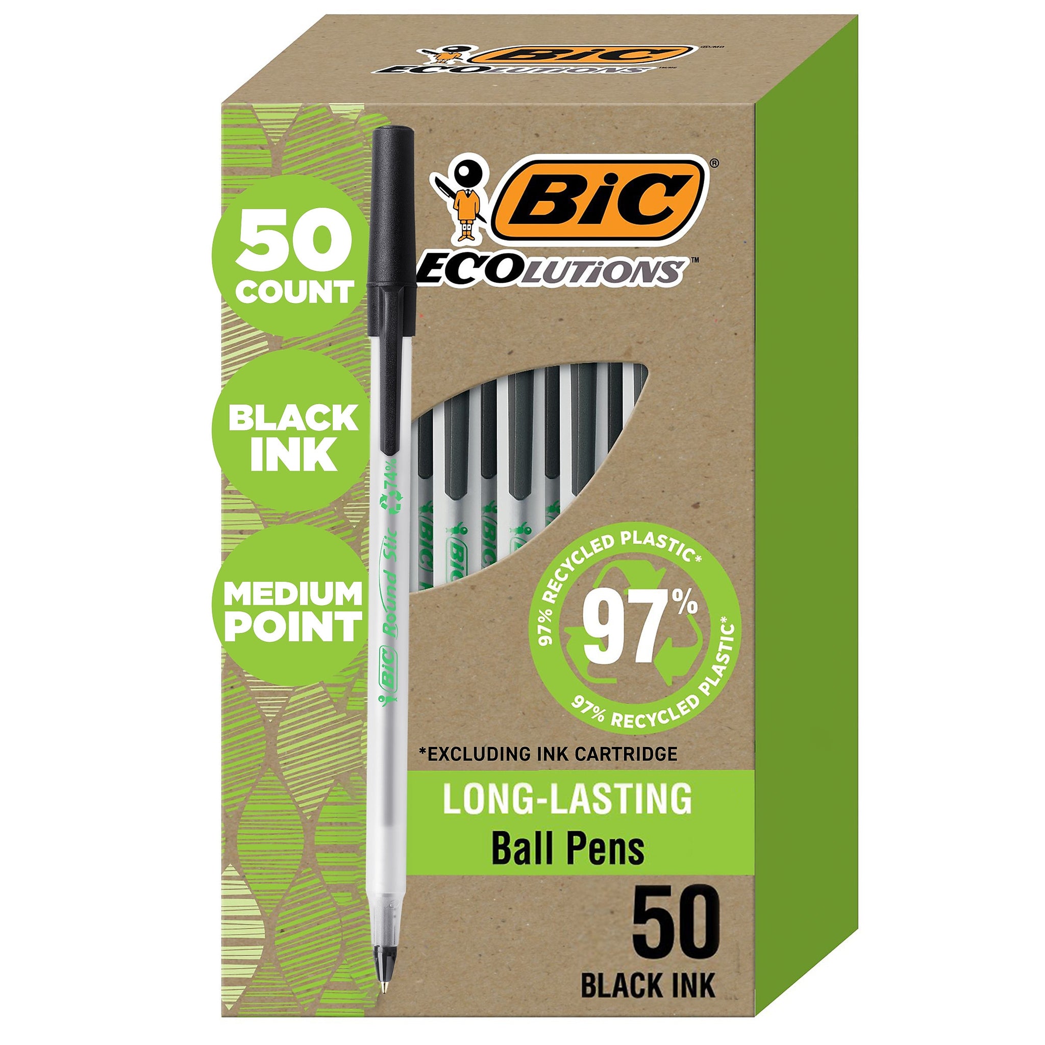 BIC Ecolutions Round Stic Ballpoint Pens, Medium Point, Black Ink, 50/Pack