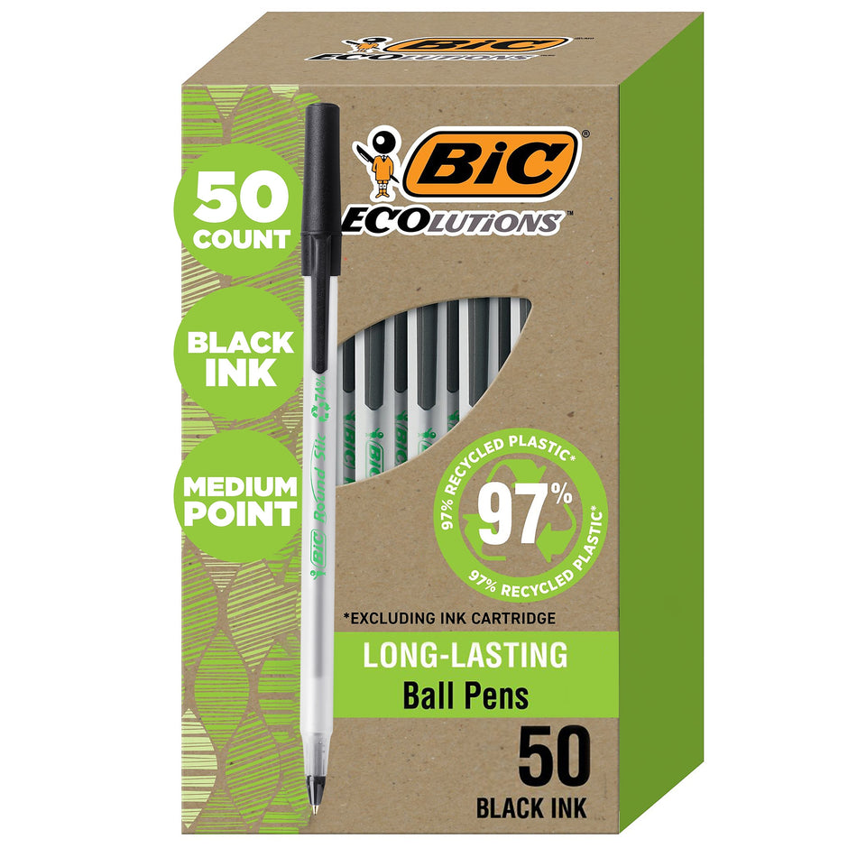 BIC Ecolutions Round Stic Ballpoint Pens, Medium Point, Black Ink, 50/Pack