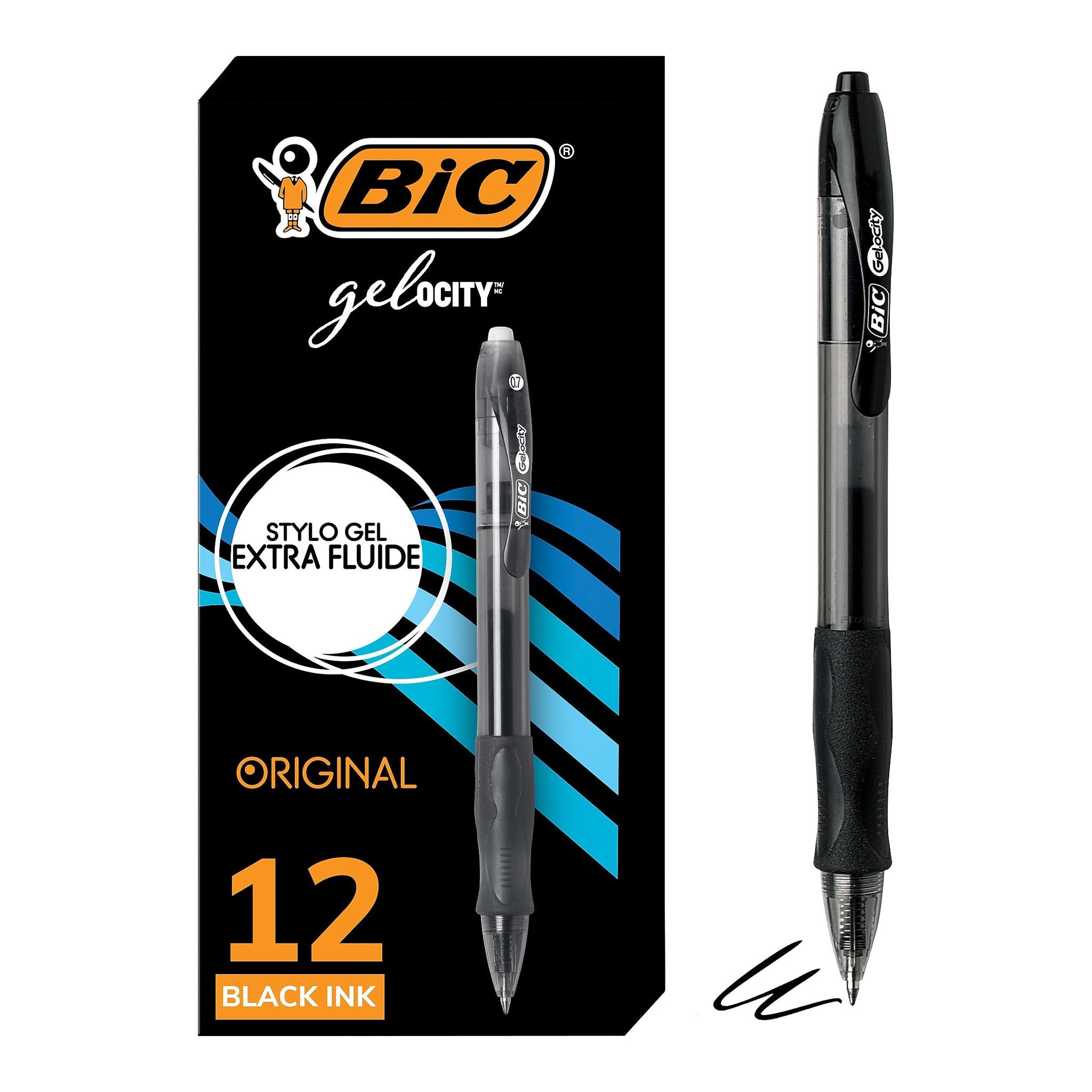 BIC Gel-ocity Original Retractable Gel Pen, Medium Point, 0.7 mm, Black Ink, 12/PK