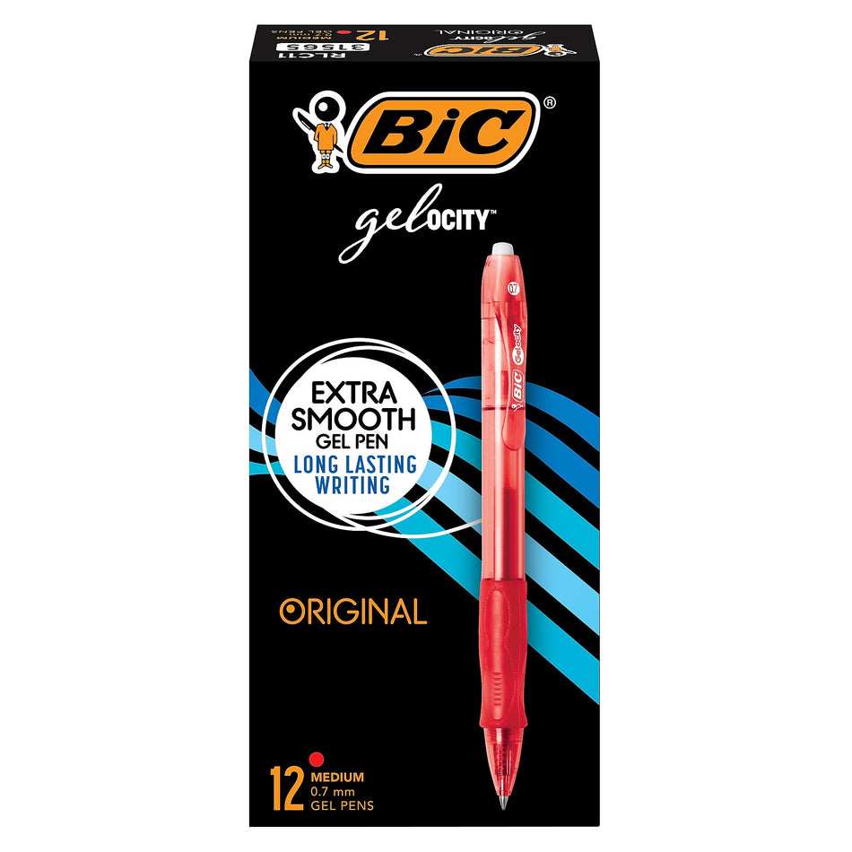 BIC Gel-ocity Original Retractable Gel Pens, Medium Point, 0.7 mm, Red Ink, 12/Pack