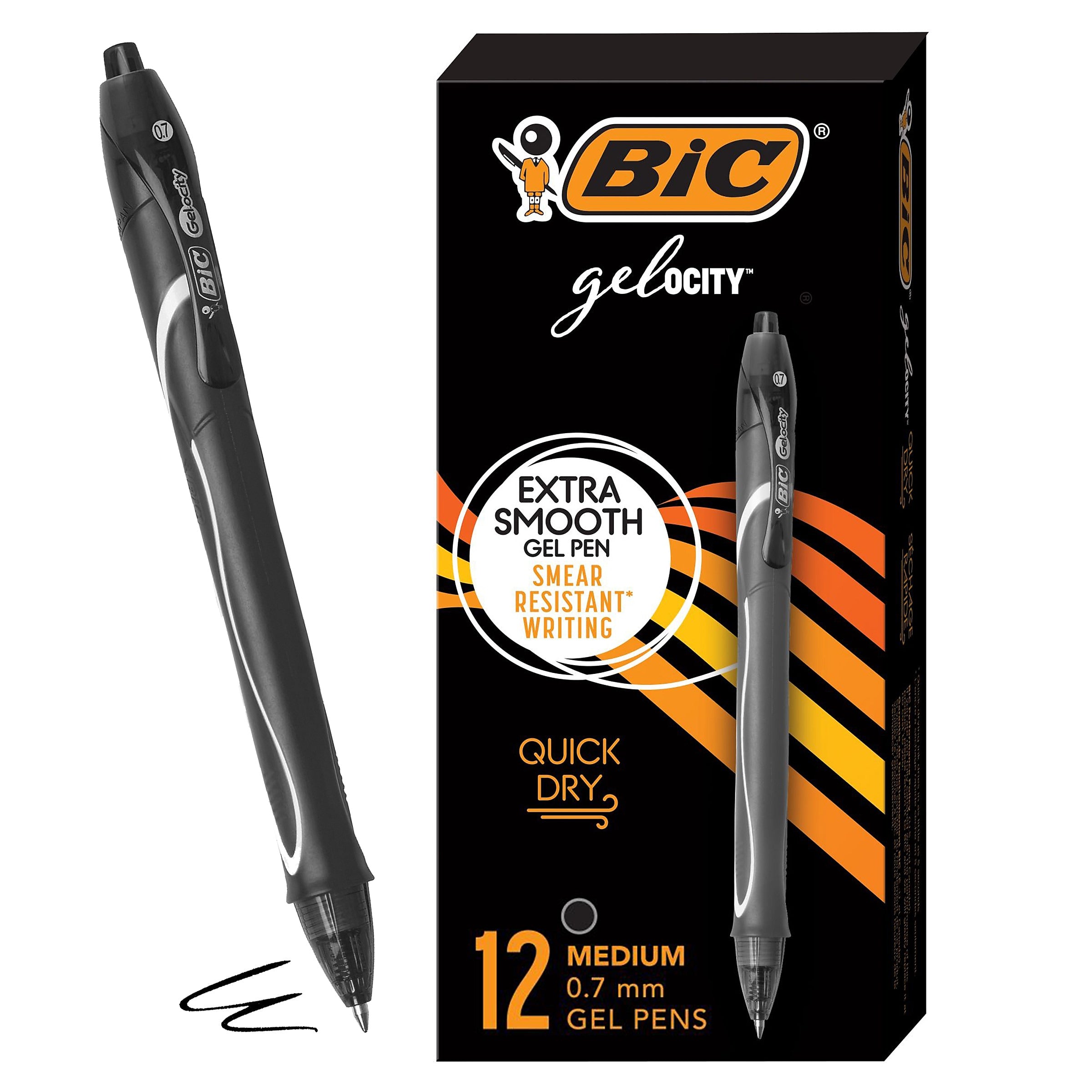 BIC Gel-ocity Quick Dry Retractable Gel Pen, Medium Point, 0.7 mm, Black Ink, 12/Pack