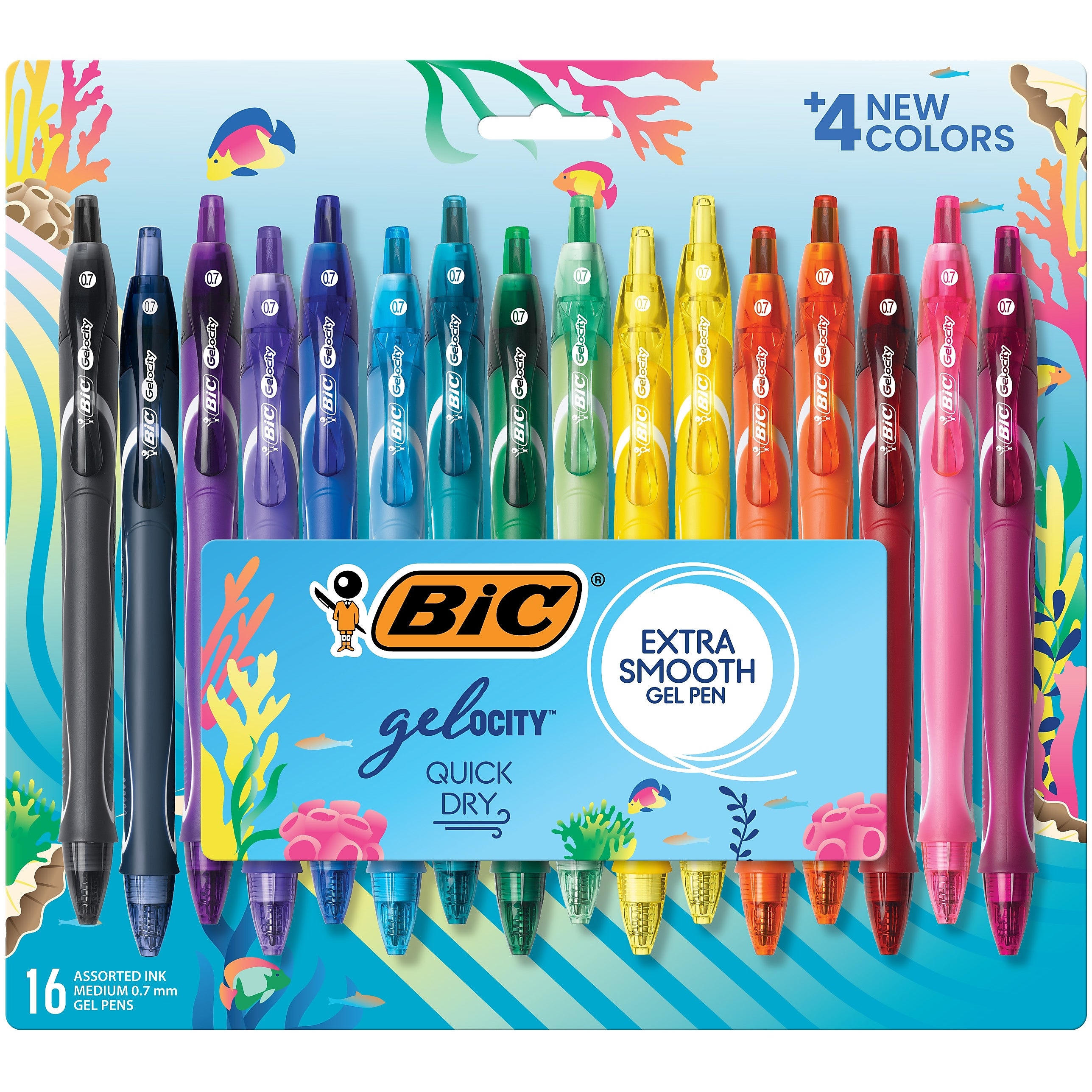 BIC Gel-ocity Quick Dry Retractable Gel Pens, Medium Point, 0.7mm, Assorted Inks, 16/Pack