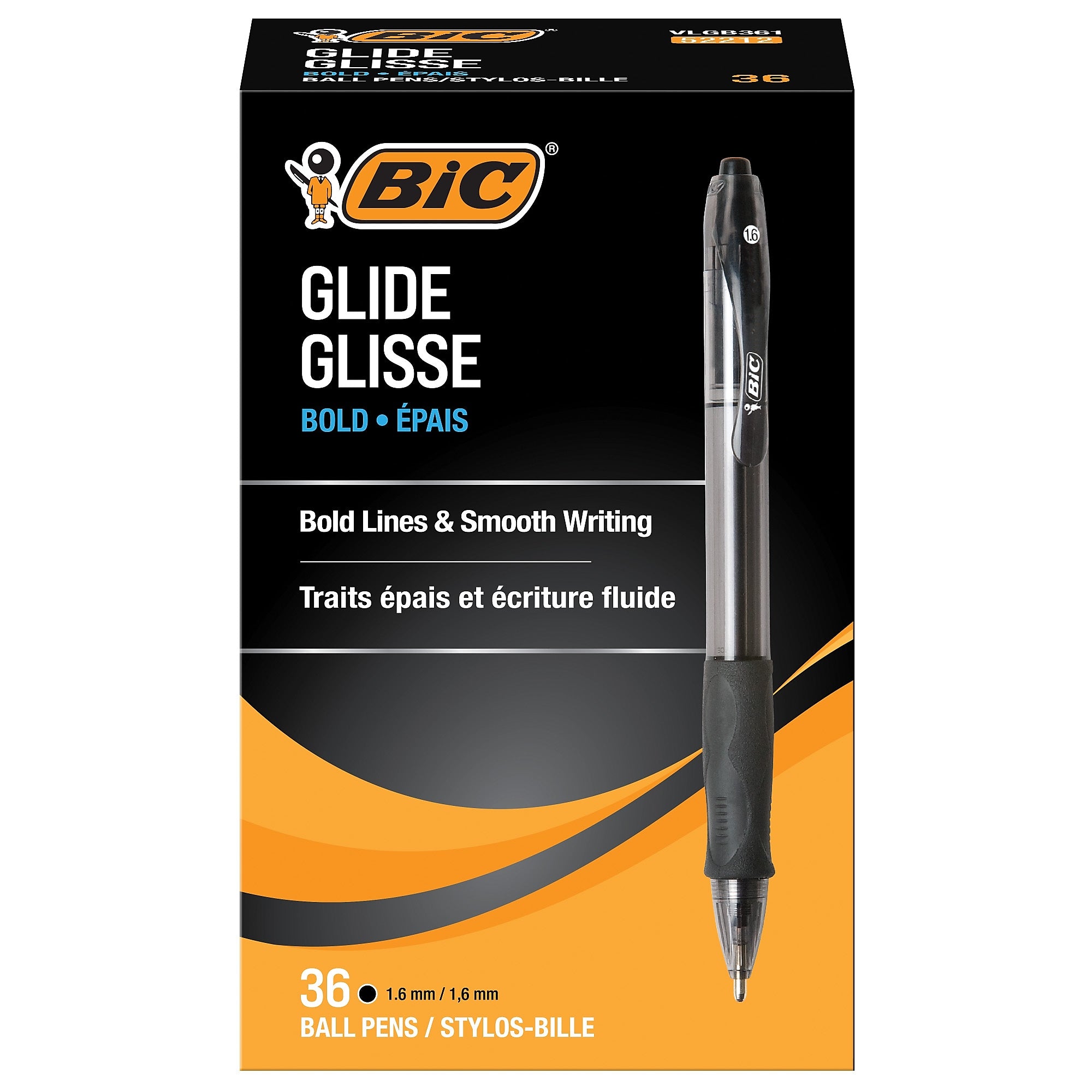 BIC Glide Bold Retractable Ballpoint Pen, Bold Point, 1.6mm, Black Ink, 36/Pack