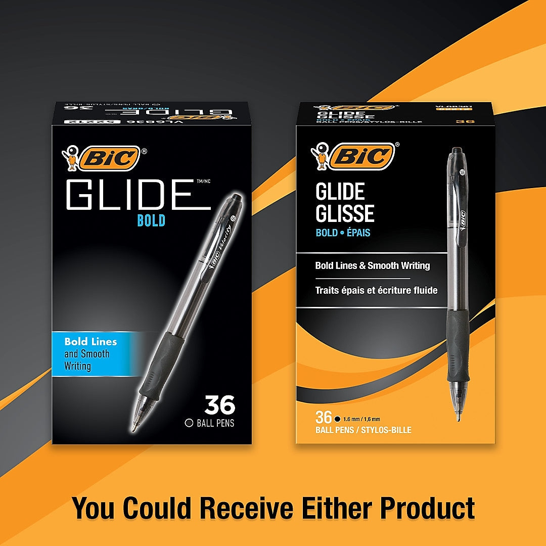 BIC Glide Bold Retractable Ballpoint Pen, Bold Point, 1.6mm, Black Ink, 36/Pack