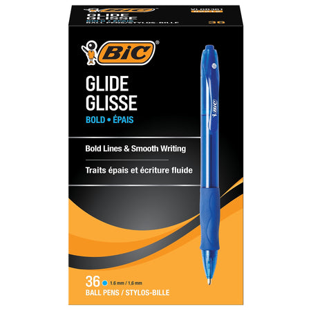 BIC Glide Bold Retractable Ballpoint Pen, Bold Point, 1.6mm, Blue Ink, 36/Pack