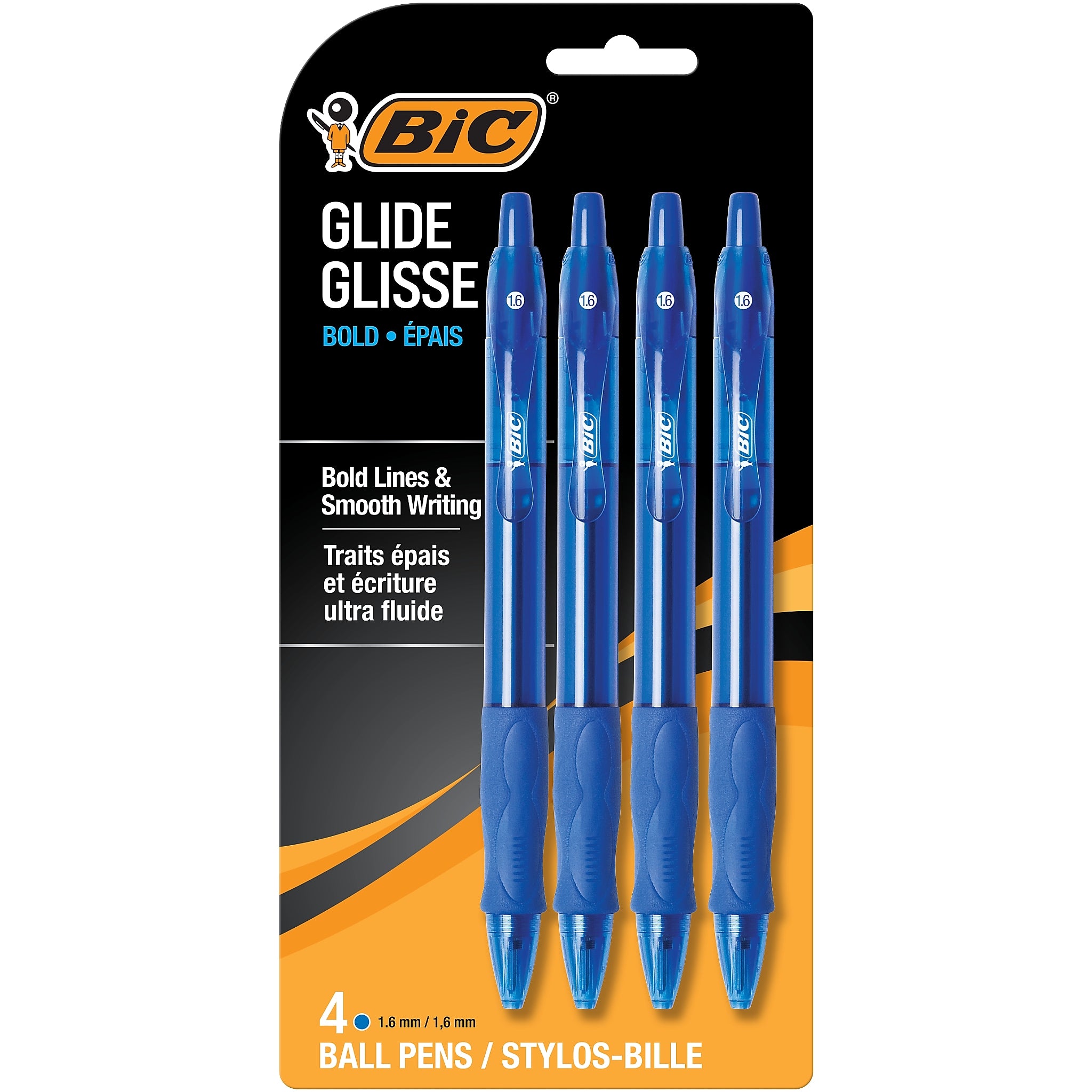 BIC Glide Bold Retractable Ballpoint Pen, Bold Point, 1.6mm, Blue Ink, 4/Pack