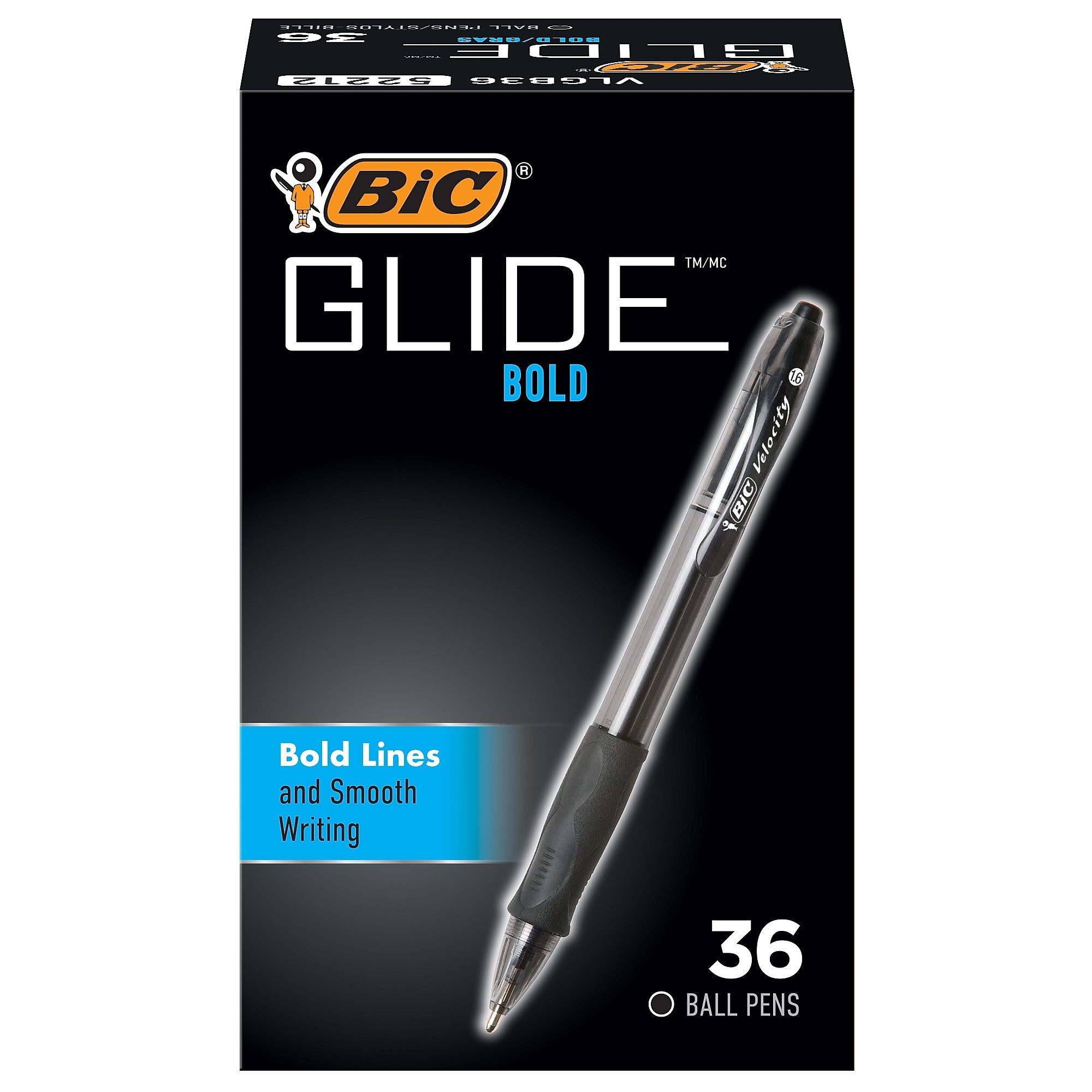 BIC Glide Bold Retractable Ballpoint Pen, Bold Point, Black Ink, 36/Pack