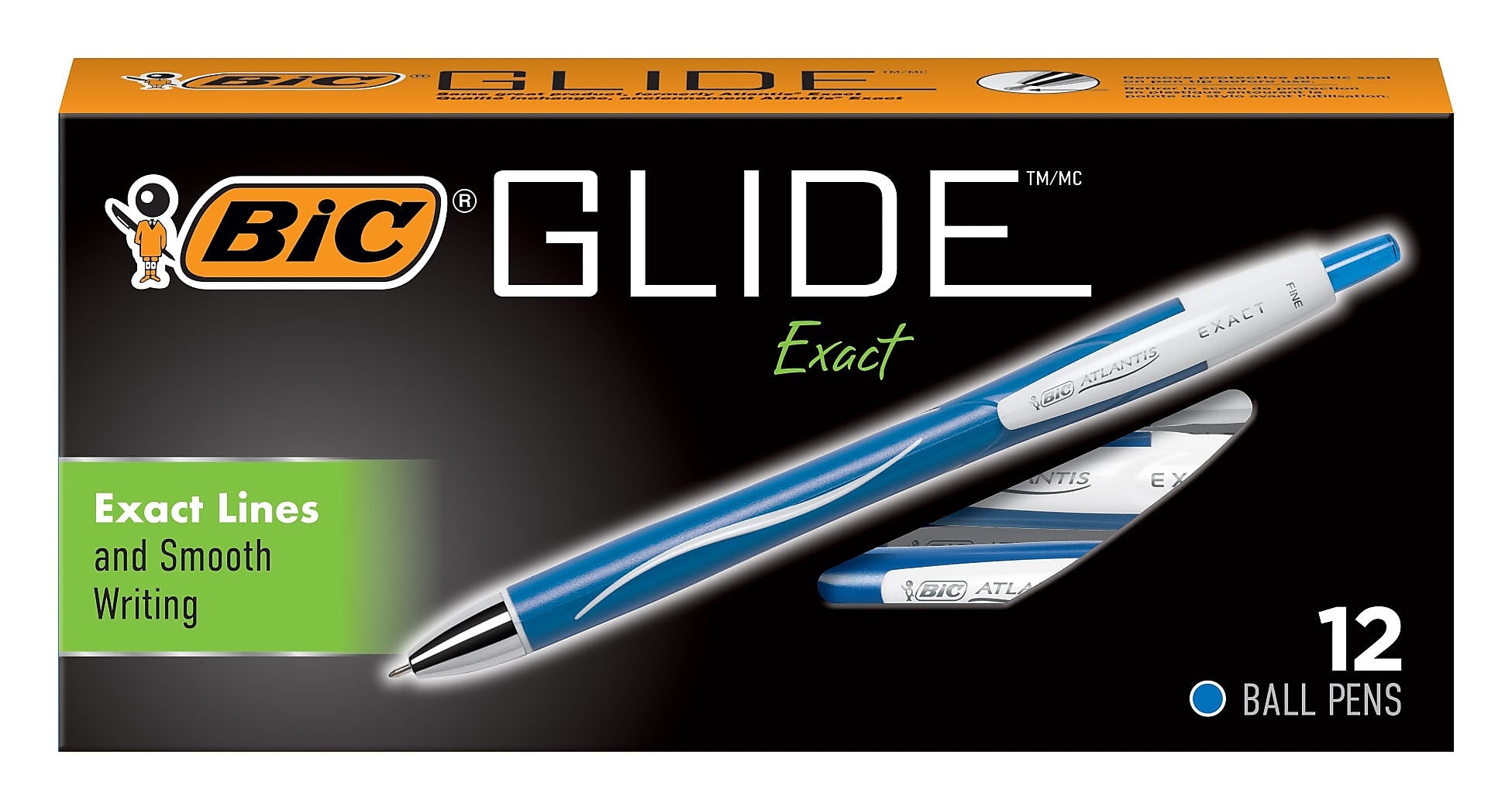 BIC Glide Exact Retractable Ballpoint Pen, Fine Point, Blue Ink, Dozen