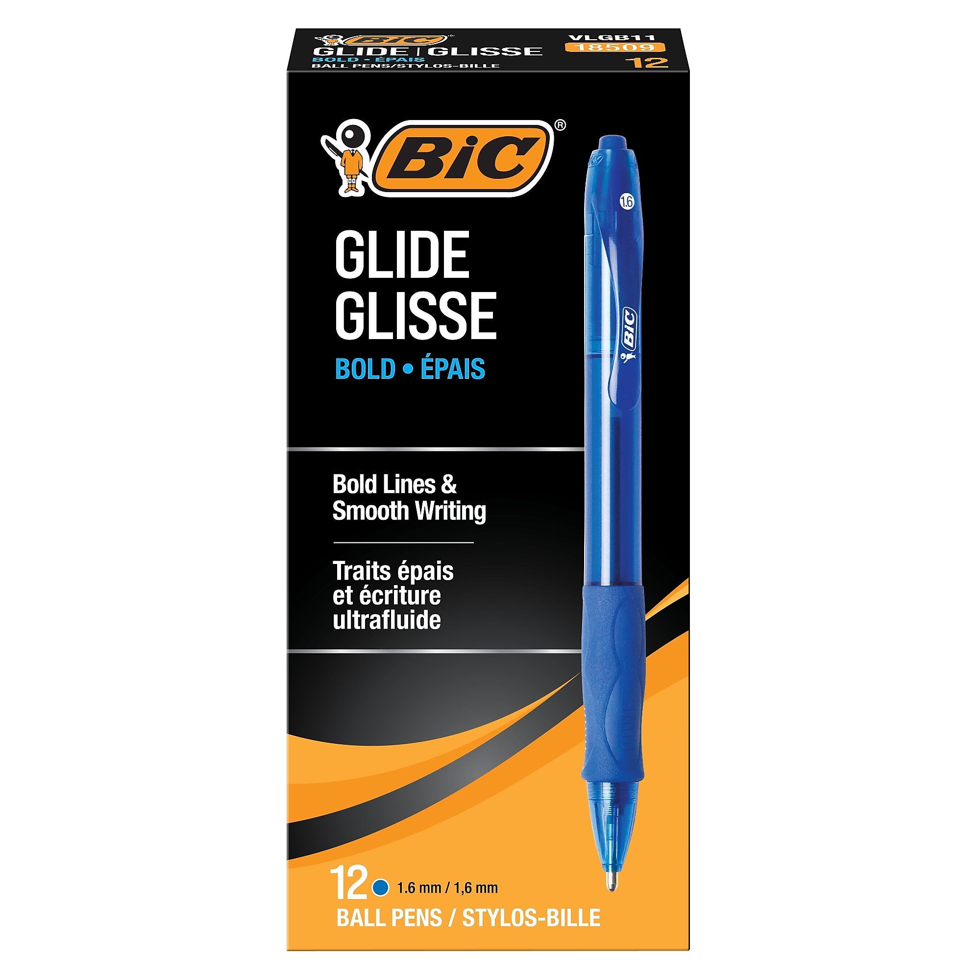 BIC GLIDE Retractable Ballpoint Pen, Bold Point, 1.6mm, Blue Ink, Dozen