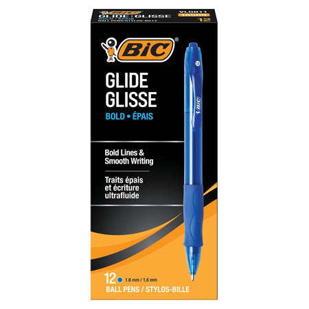 BIC GLIDE Retractable Ballpoint Pen, Bold Point, 1.6mm, Blue Ink, Dozen