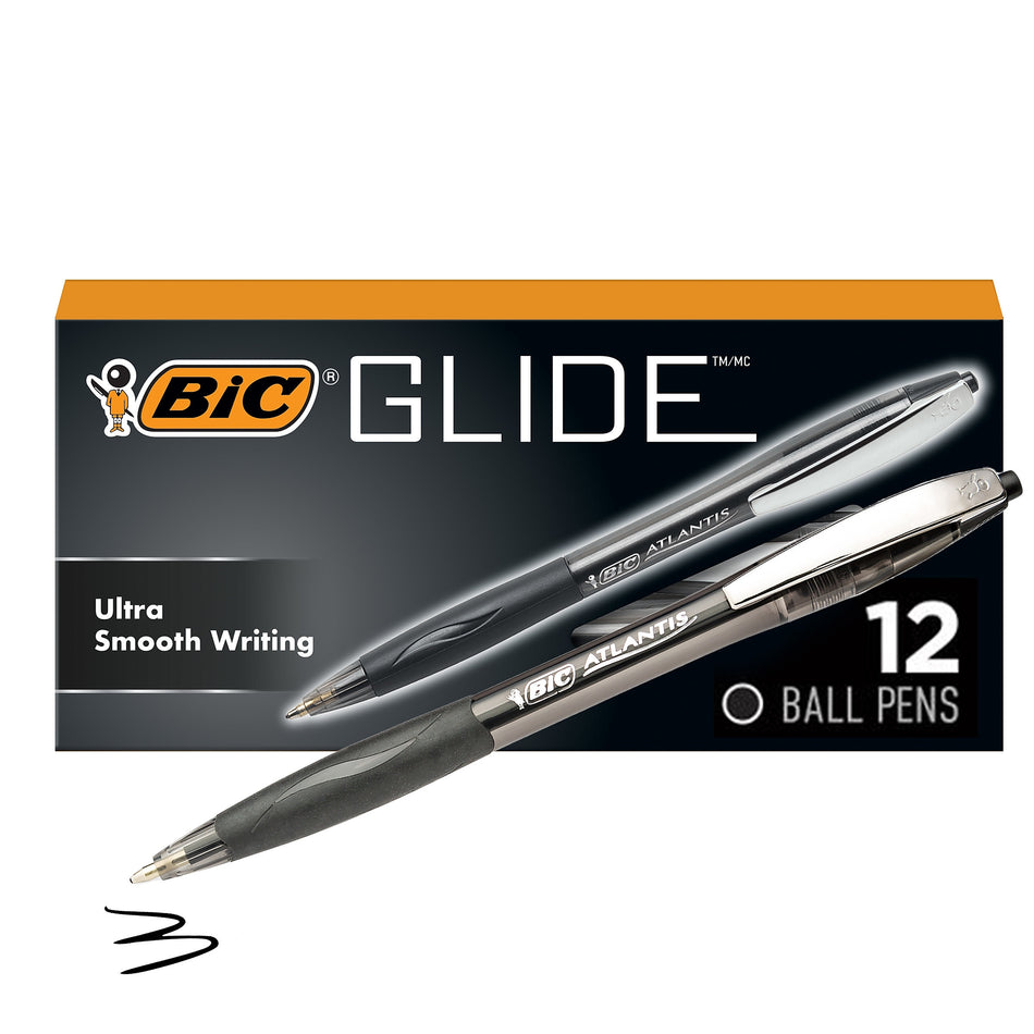 BIC Glide Retractable Ballpoint Pen, Medium Point, Black Ink, Dozen