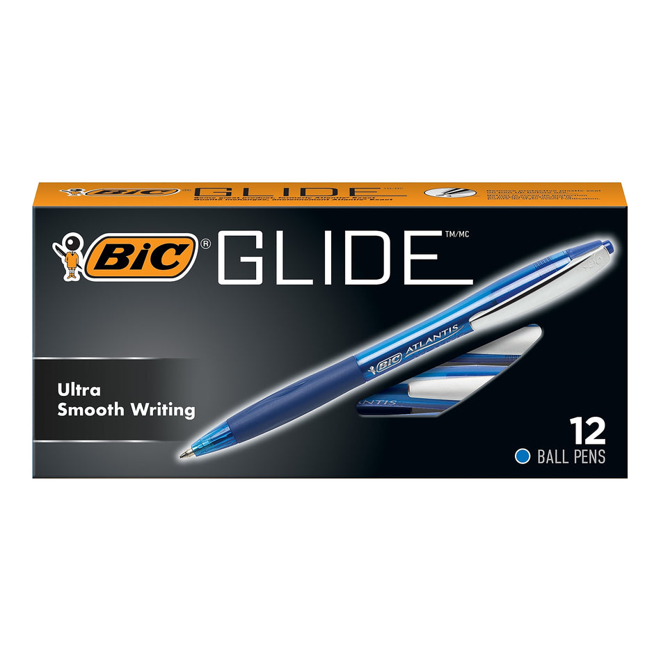 BIC Glide Retractable Ballpoint Pen, Medium Point, Blue Ink, Dozen