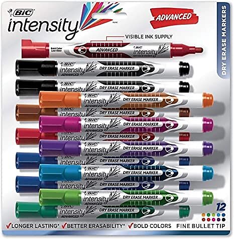 BIC Intensity Advanced Dry Erase Markers, Fine Bullet Tip, Assorted, 12/Pack