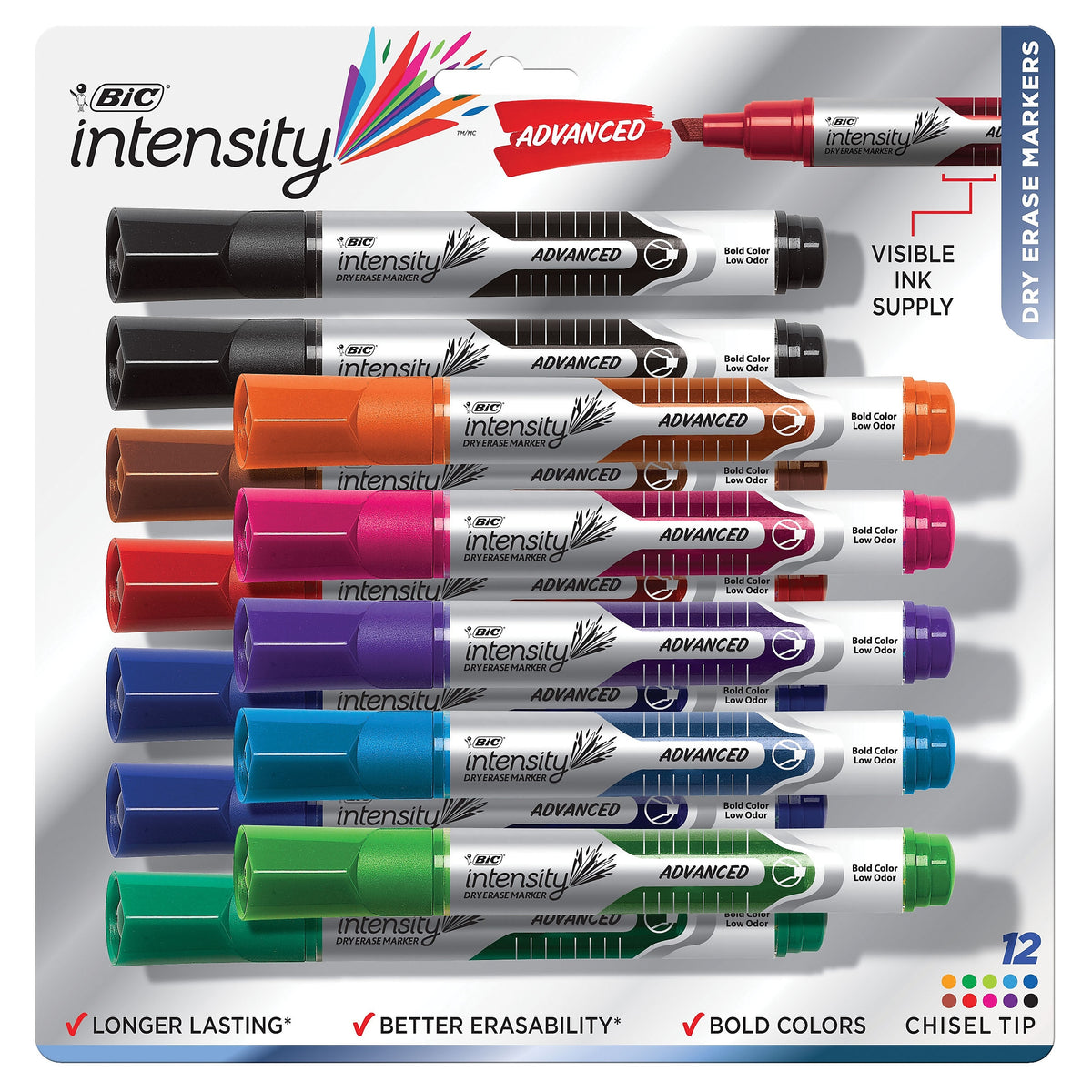 BIC Intensity Advanced Tank Dry Erase Markers, Chisel Tip, Assorted, 12/Pack