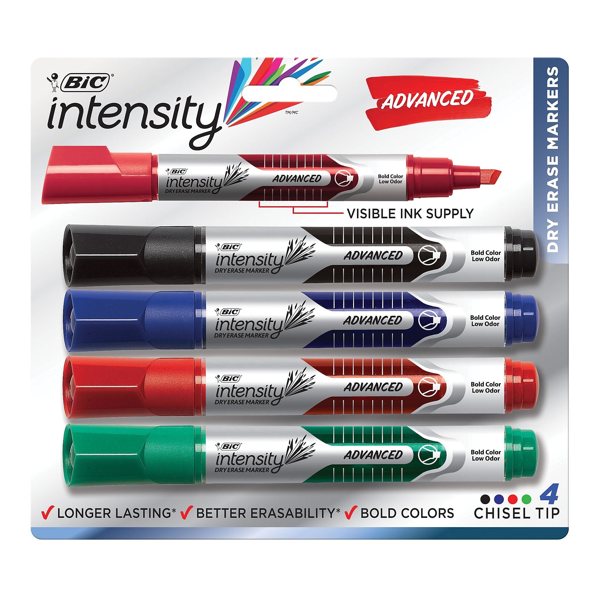 BIC Intensity Advanced Tank Dry Erase Markers, Chisel Tip, Assorted, 4/Pack