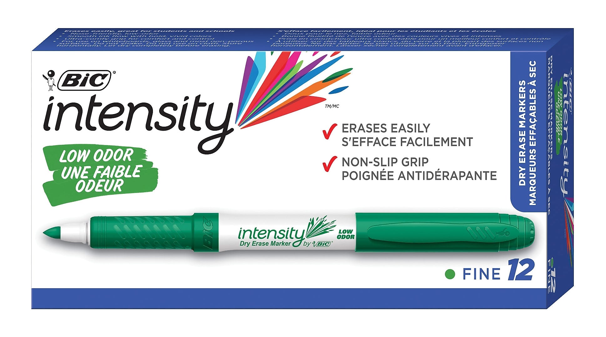 BIC Intensity Dry Erase Markers, Fine Tip, Green, 12/Pack