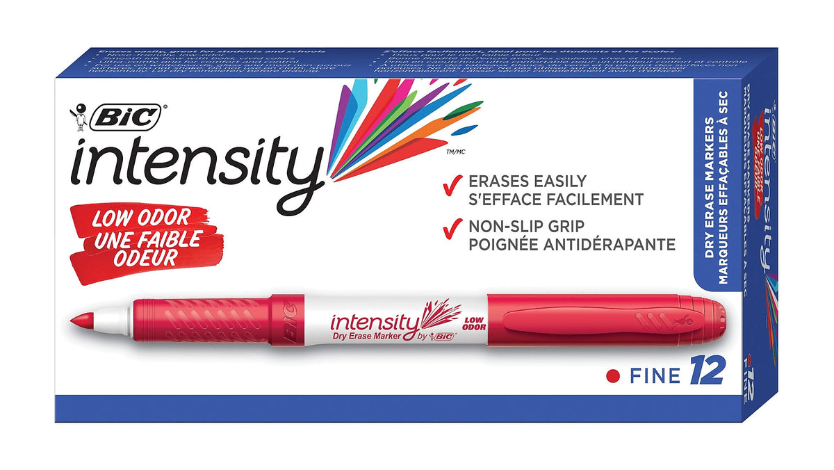 BIC Intensity Dry Erase Markers, Fine Tip, Red, 12/Pack