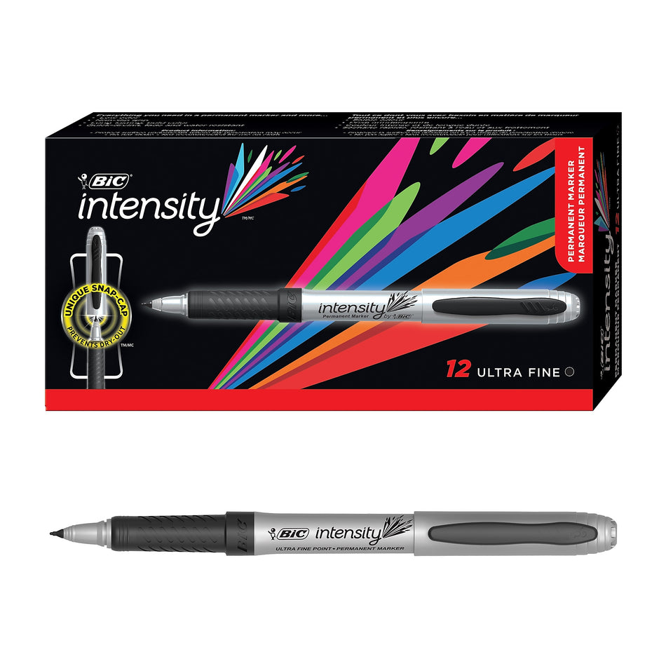 BIC Intensity Permanent Markers, Ultra Fine Tip, Black, 12/Pack