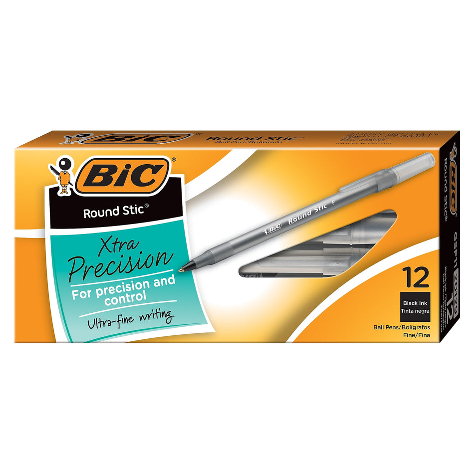 BIC Round Stic Ballpoint Pen, Fine Point, 0.8mm, Black Ink, Dozen