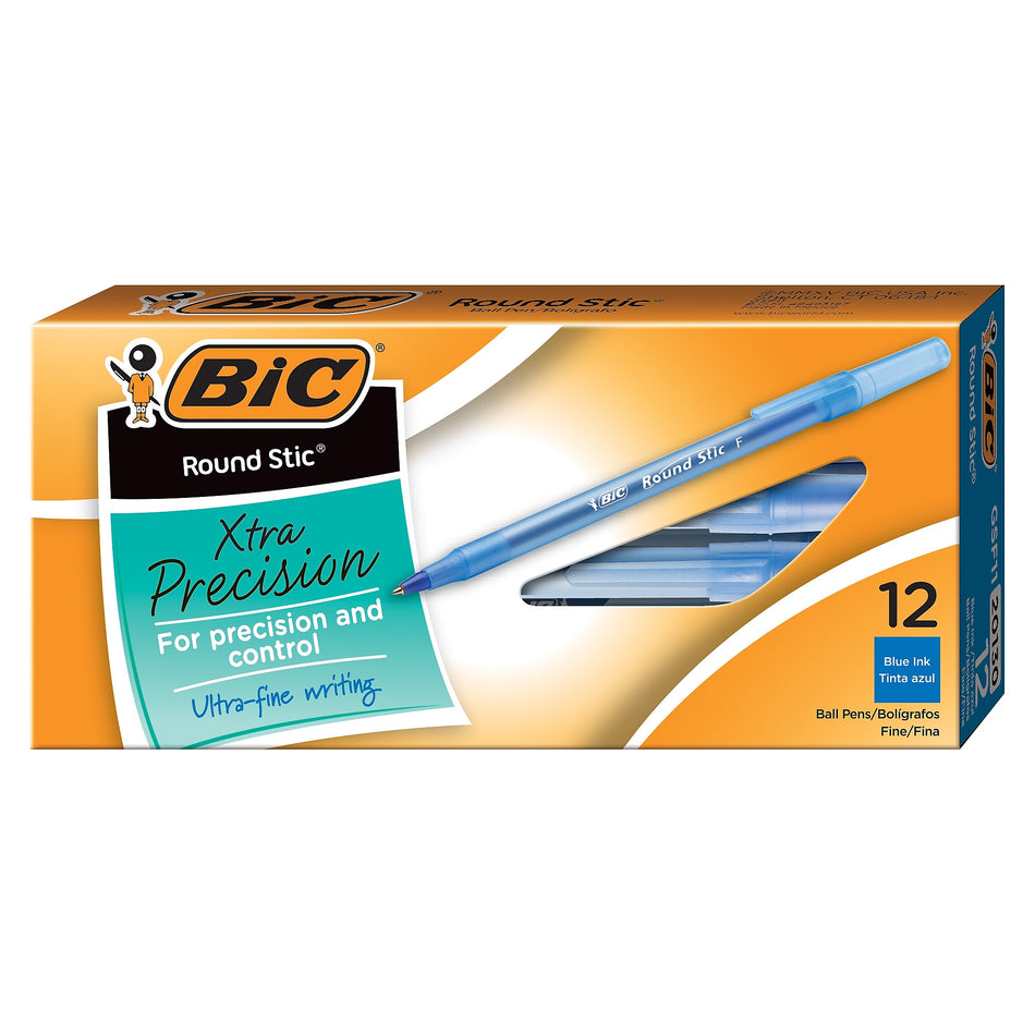 BIC Round Stic Ballpoint Pens, Fine Point, Blue Ink, Dozen