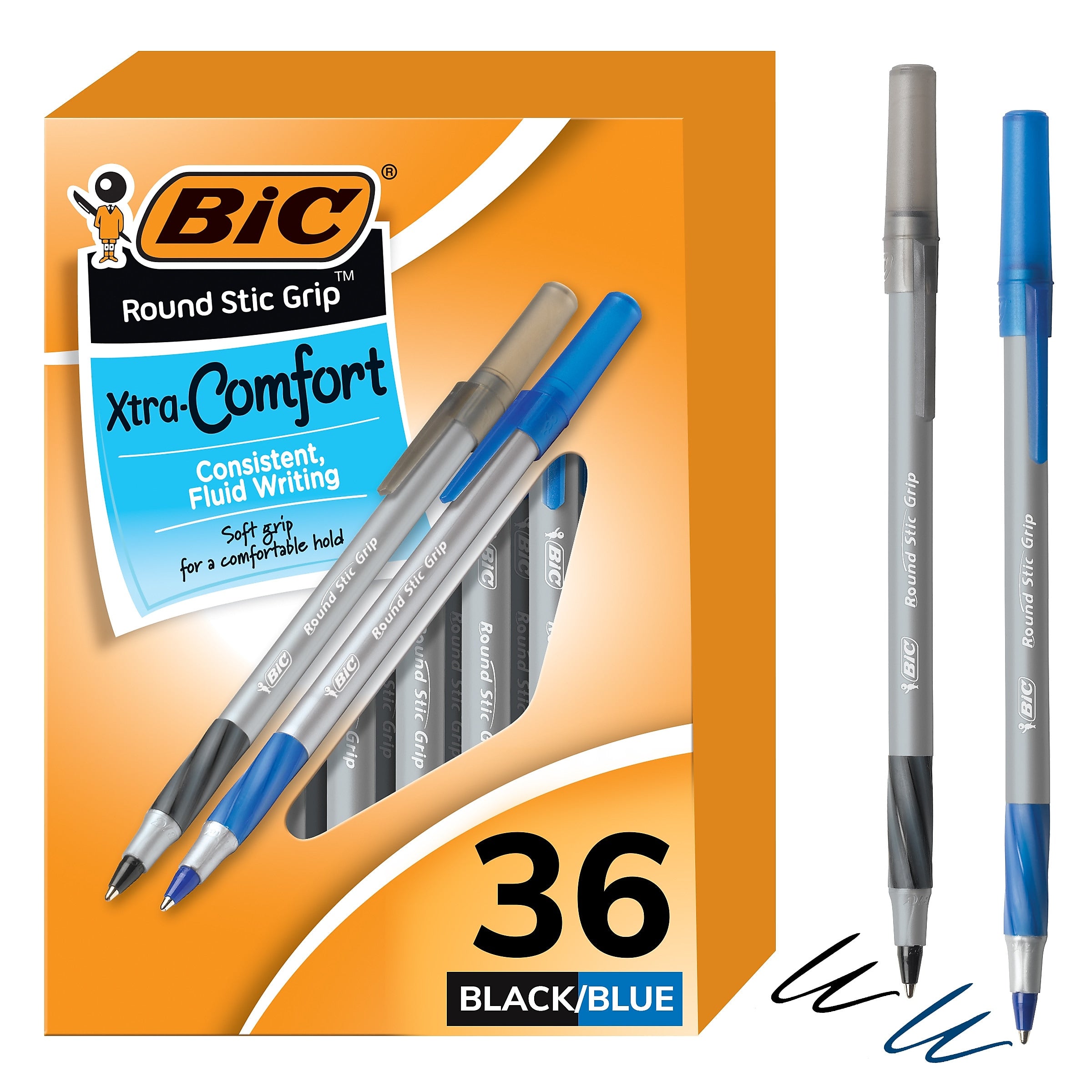 BIC Round Stic Grip Xtra-Comfort Ballpoint Pen, Medium Point, Assorted Ink, 36/Pack